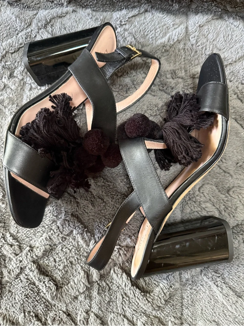 Kate Spade New York-Black leather boho tassel block sandals - “Central Too”(8)